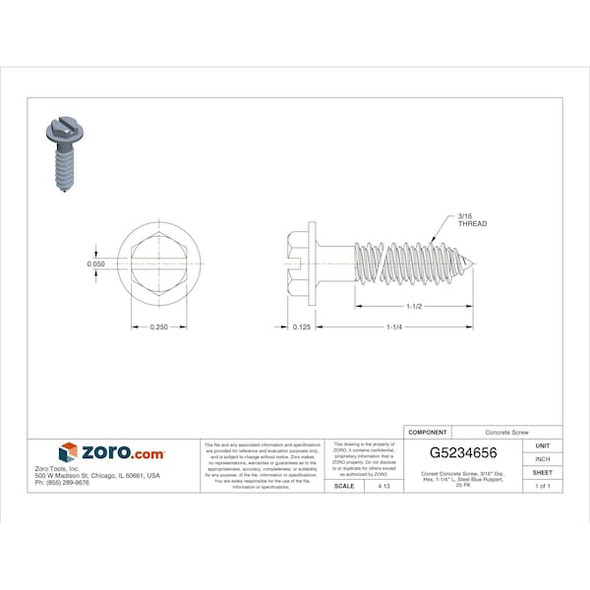 Mkt Fastening Conset Concrete Screw, 3/16" Dia., Hex, 1-1/4" L, Steel Blue Ruspert, 25 PK H3125SP