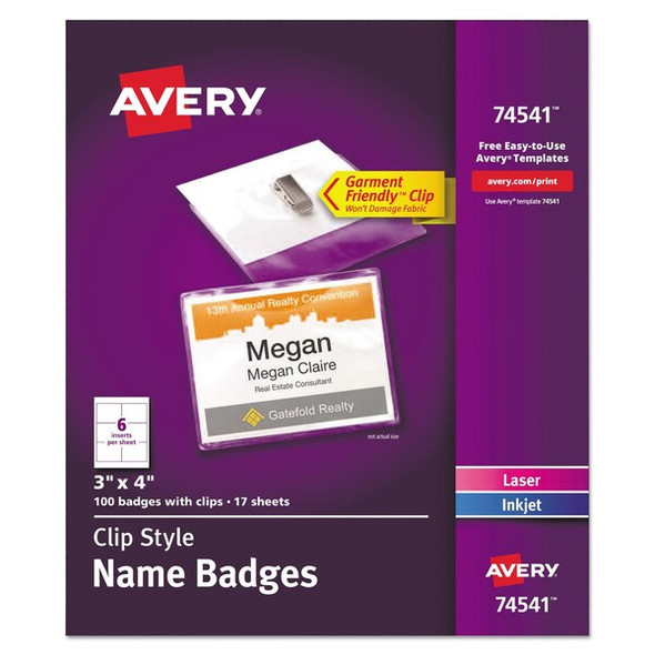 Avery Dennison Name Badge Clip,3 x 4,White,PK100 74541