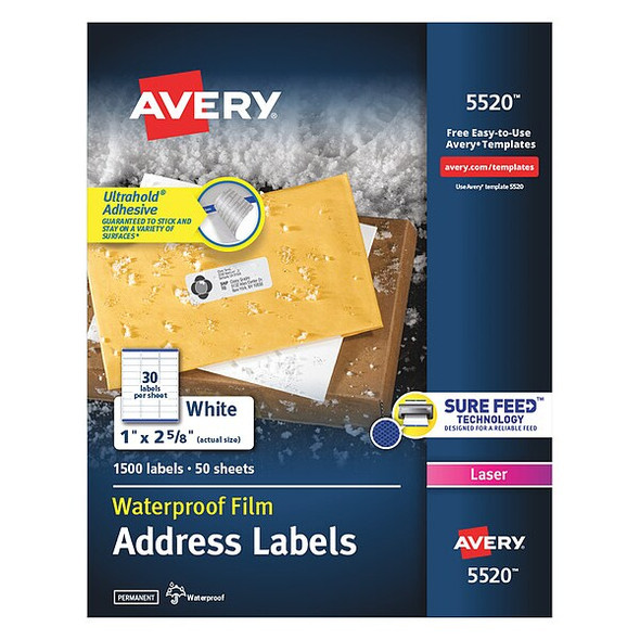 Laser Label, 2 5/8 in Label W, 1 in Label H, 30 Labels per Sheet White