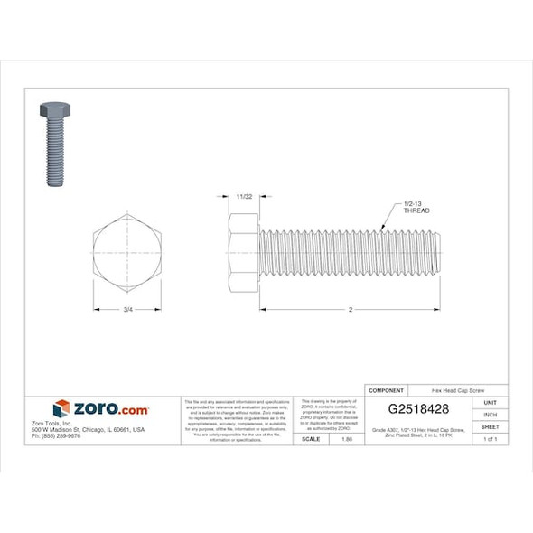 Grade A307, 1/2"-13 Hex Head Tap Bolt, Zinc Plated Steel, 2 in L, 10 PK