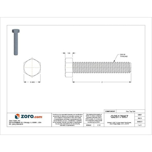 Grade 5, 3-8"-16 Hex Head Tap Bolt, Zinc Plated Steel, 2 in L, 25 PK  U01210.037.0200
