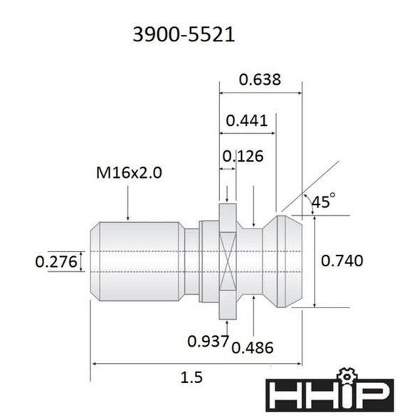 Hhip ANSI 1.5 X .74 45 Degree M16 X 2.0 Coolant Thru Retention Knob 3900-5521