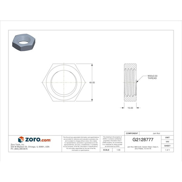 Manufacturer Varies Jam Nut, M30-3.50, Carbon Steel, Class 4, Zinc Plated, 15 mm Ht JN98030000