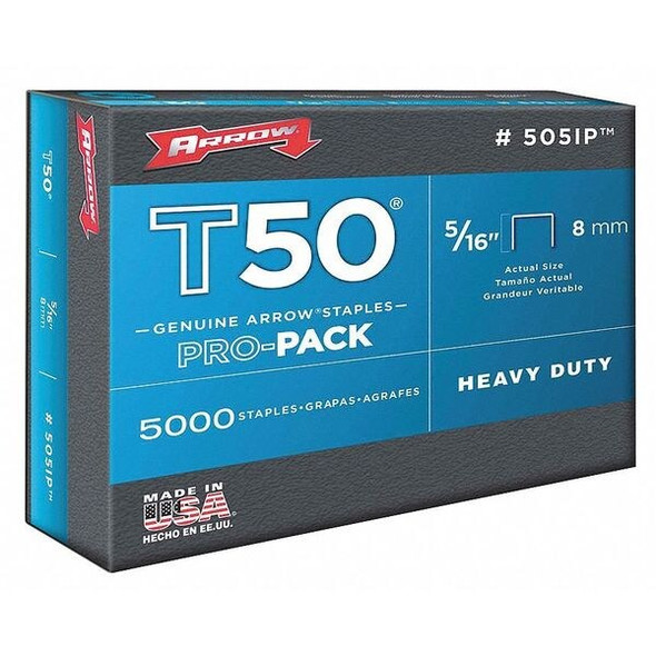 Heavy Duty Staples, T50, 18 ga, Flat Crown, 5/16 in Leg L, Steel, 5000 PK