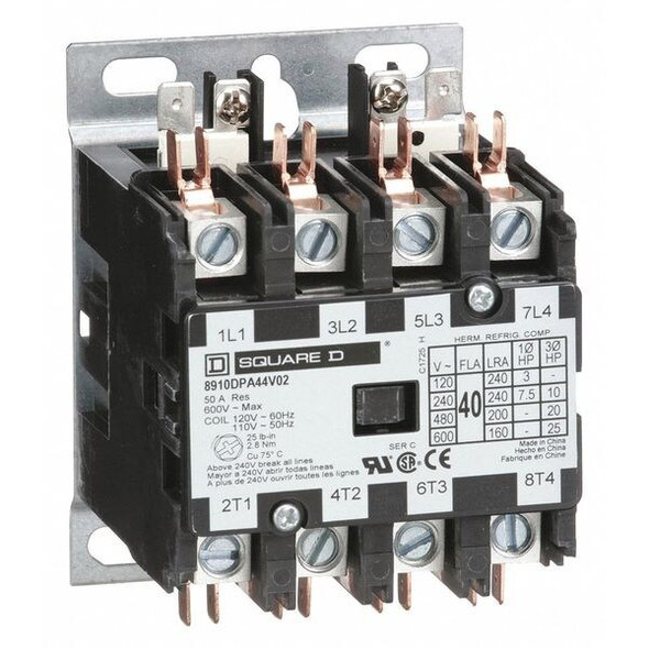 Square D DefPurposeMagContactor,110/120VAC,4P,40A 8910DPA44V02 Square D DefPurposeMagContactor,110/120VAC,4P,40A 8910DPA44V02