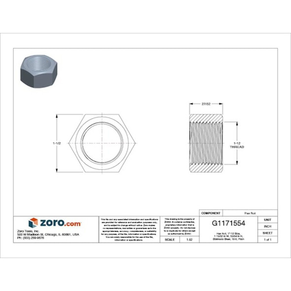 Hex Nut, 1"-12, 18-8 Stainless Steel, Not Graded, Plain, 55-64 in Ht  1WB58