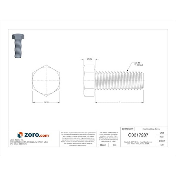 Grade 5, 3-8"-16 Hex Head Cap Screw, Zinc Plated Steel, 1 in L, 50 PK  N01200.037.0100