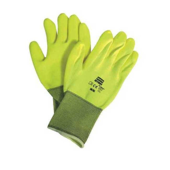 Hi-Vis Coated Gloves, PVC, Sandy, Palm, 4 Abrasion Level, Yellow, M 1 PR
