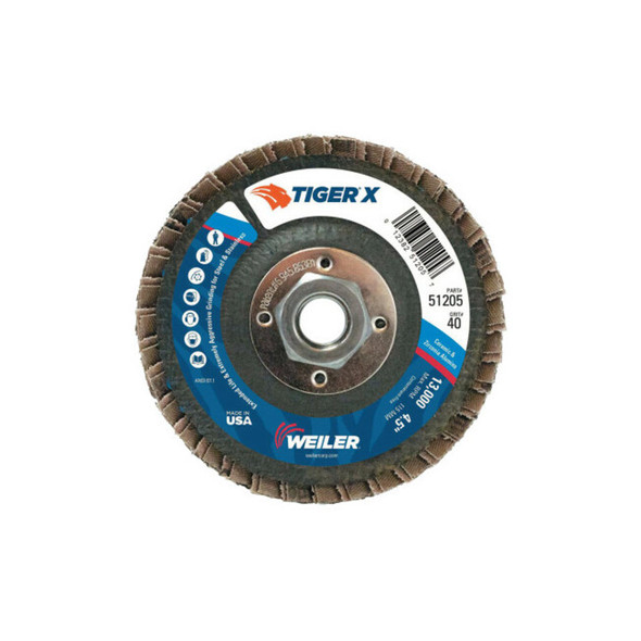 Tiger® X Flap Disc, 4-1/2 in Angled, 40 Grit, 5/8 in to 11 Arbor