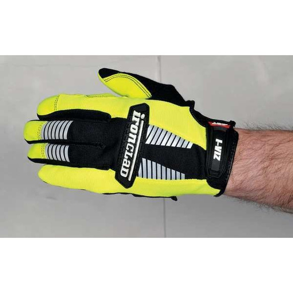I-Viz(R) Hi-Vis Mechanics Gloves, Synthetic Leather Palm, Nylon, Spandex Back, M, Green