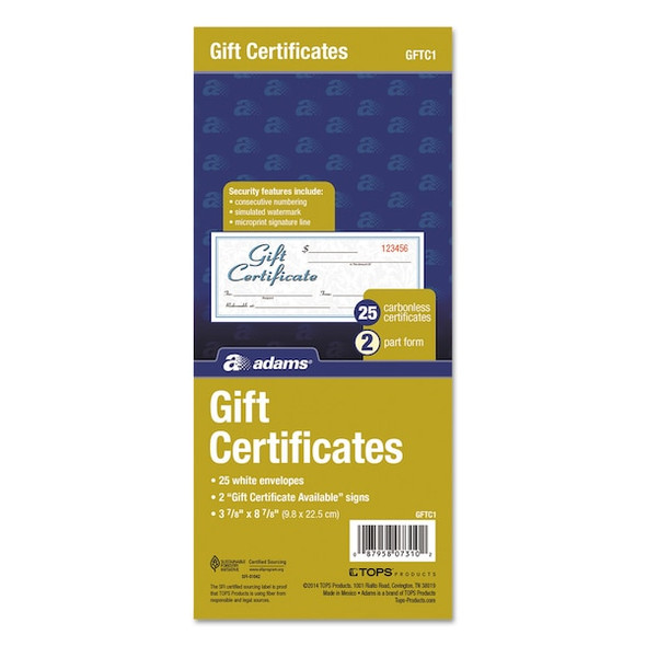 Adams Business Forms Gift Cert Book,Carbonless,White GFTC1