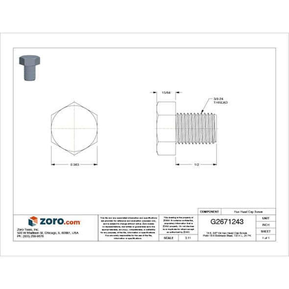 18-8, 3-8"-24 Hex Head Cap Screw, Plain Stainless Steel, 1-2 in L, 25 PK  1XU33