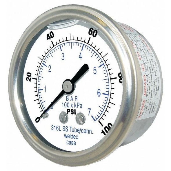 Industrial Pressure Gauge, 0 to 10,000 psi, 2 1/2 in Dial, 1/4 in NPT, Center Back Location
