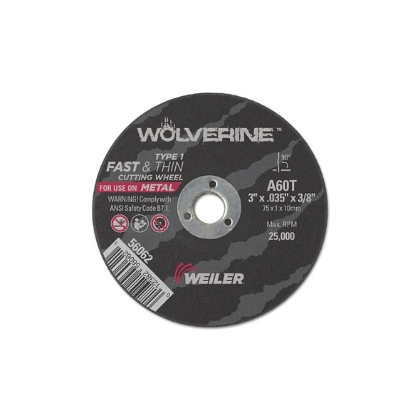 Wolverine® Cut-Off Wheel, Type 1, AO, 3 in dia x 3/8 in Arbor x 1/16 in Thick, 36T, 25 EA/BX