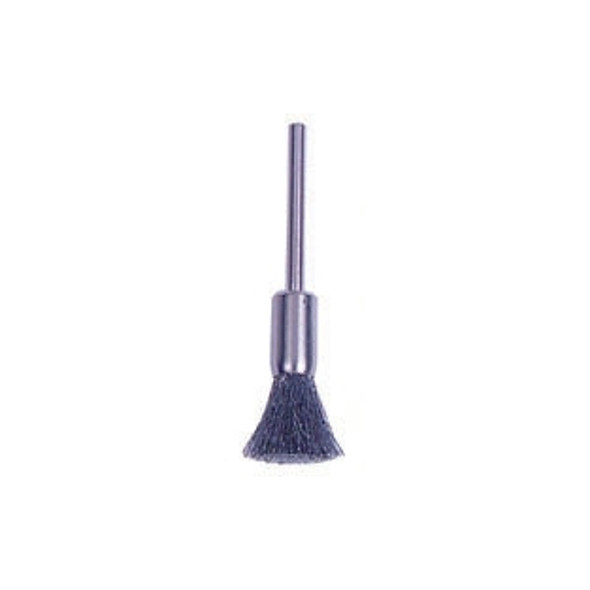 Miniature Wire End Brush, Stainless Steel, 1/4 in Brush dia, 0.005 in Bristle dia, 1-1/4 in Stem L, 37000 rpm