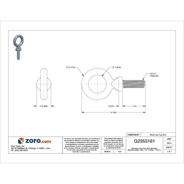 Eye Bolt With Shoulder, 1/2"-13, 1-1/2 in Shank, 1-3/16 in ID, 316 Stainless Steel, Plain
