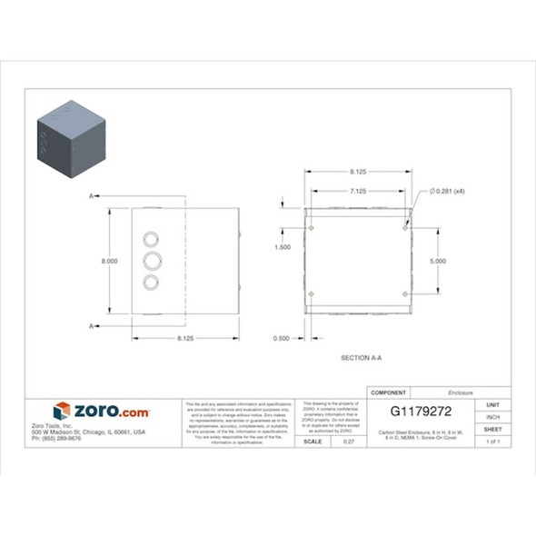 Captive Screws Electrical Enclosures, 8 in H, 8 in D, 8 in W, 1, Steel  SC080808