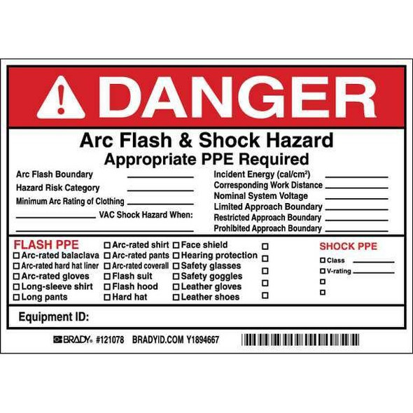 Brady Arc Flash Protection Label,PK5, 121078 121078