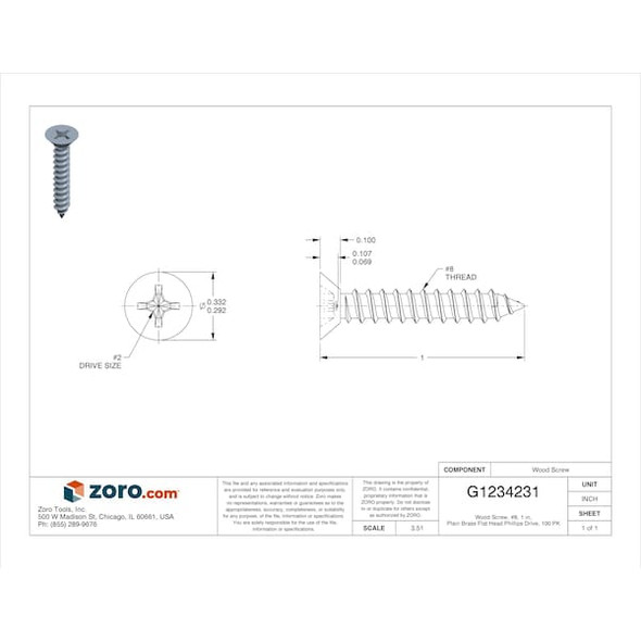 Wood Screw, #8, 1 in, Plain Brass Flat Head Phillips Drive, 100 PK