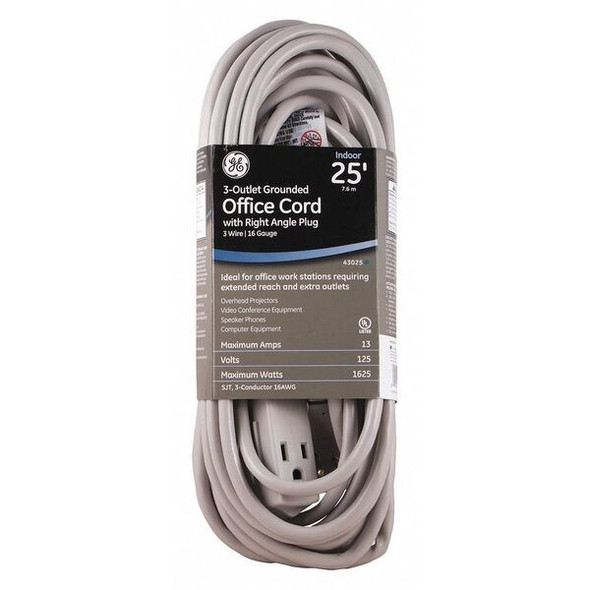 Ge Extension Cord, 16 AWG, Indoor, 16/3, 3 Outlets, Gray, 25 ft 43025