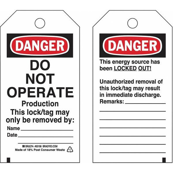 Lockout Tag, Danger, Paper, 3 in Width, 5 3/4 in Height, Write On Surface: Yes