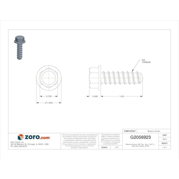 Masonry Screw, 3/8" Dia., Hex, 1-3/4" L, Steel Zinc Plated, 50 PK