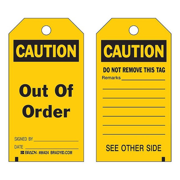 Tag, Safety, Polyester, 5 3/4 in H x 3 in W, Black on Yellow, Rectangle, 10 PK