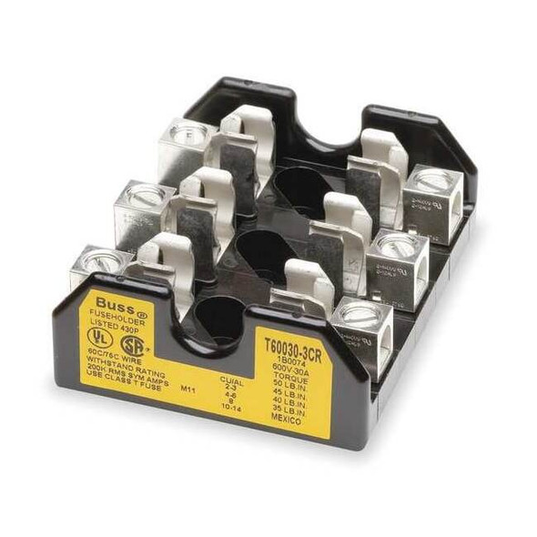 Open Fuse Block, T UL Class, 600V AC/DC Volt Rating, 3 Poles, Screw