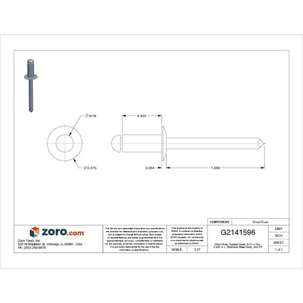Stanley Engineered Fastening Blind Rivet,3/16 Dia,0.425 L,PK250 SSD64SSBS200