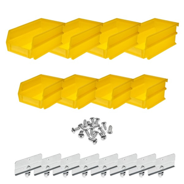 Hanging Bins and Bin Clip Kit, Polypropylene, Yellow, (4) Small and (4) Large