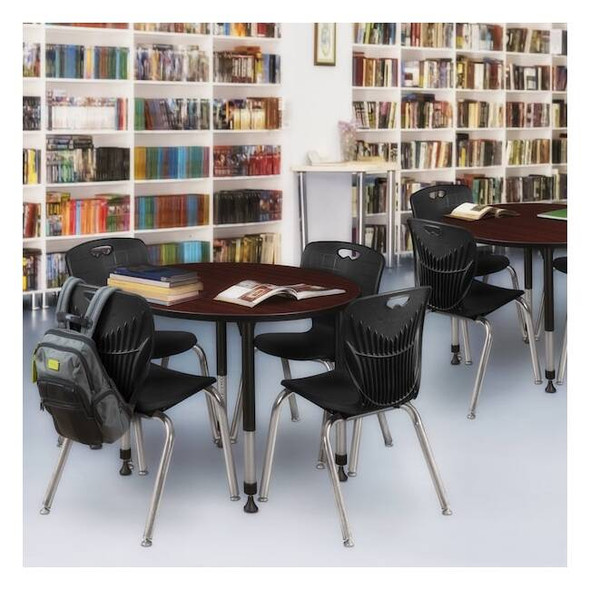 Round Classroom Tables, 30 W, 30 L, 23-34 H, Wood, Metal, Mahogany