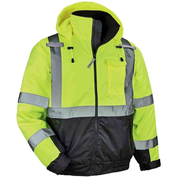 Ergodyne Quilted Bomber Jacket, 300D Oxford Polyester, Class 3 Type R, Hi-Viz Lime, 4XL 8377