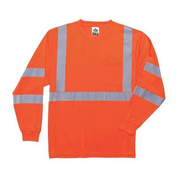 Ergodyne Long Sleeve Hi-Vis Shirt, Polyester, Orange, 4XL 8391
