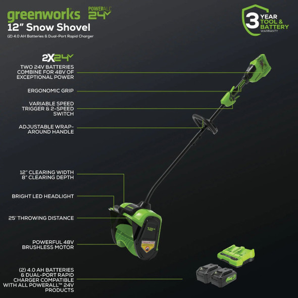 Greenworks 48V (2x24V) 12 In. Cordless Snow Shovel with (2) 4.0Ah Batteries & Dual Port Charger