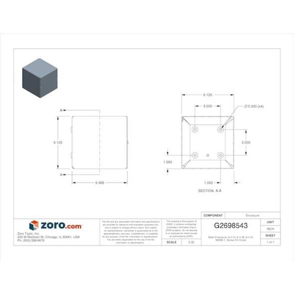 Captive Screws Electrical Enclosures, 6 in H, 6 in D, 6 in W, 1, Steel  SC060606GNK