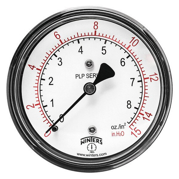Low Pressure Gauge, 0 to 15 psi, 2 1/2 in Dial, 1/4 in NPT, Center Back Location