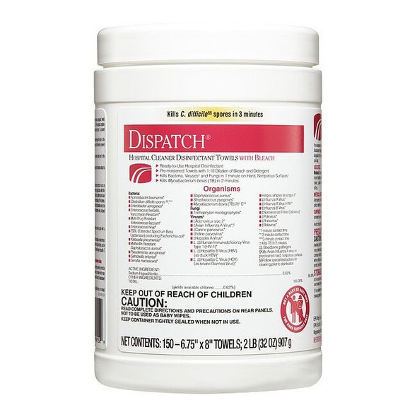 Dispatch Disinfecting Wipes, 7 x 8", 150 Wipes, PK8 69150