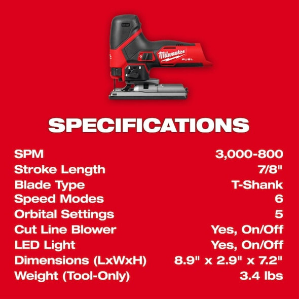 Milwaukee Tool Jigsaw, 3000 stroke-min, 12 V DC 2545-20