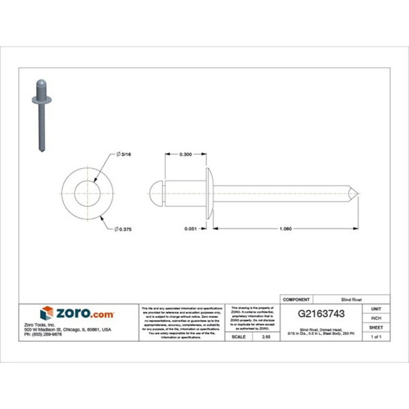 Blind Rivet, Dome Head, 3-16 in Dia., 19-64 in L, Steel Body, 250 PK  SD62BS200