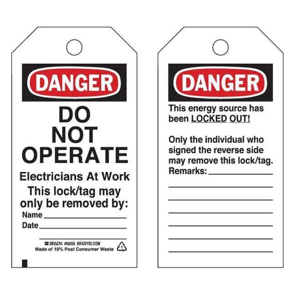 Danger Tag, Cardstock, 5 3/4 in H x 3 in W, Black/Red on White, Rectangle, 25 PK