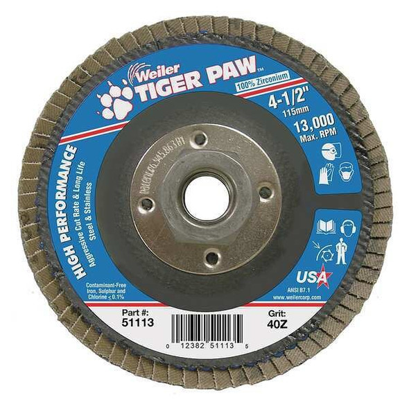 Weiler Flap Disc,Type 27,4-1/2in. dia., 40 Grit 98811