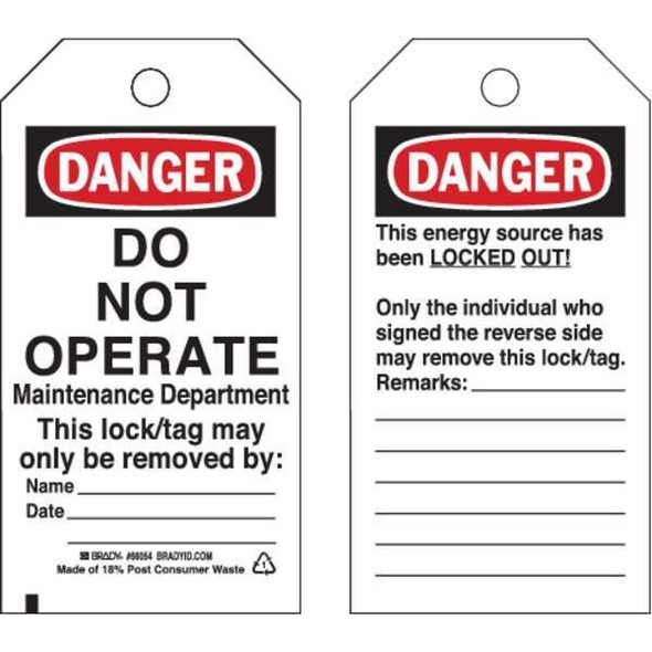 Danger Tag, Polyester, 5 3/4 in H x 3 in W, Black/Red on White, Rectangle, 25 PK