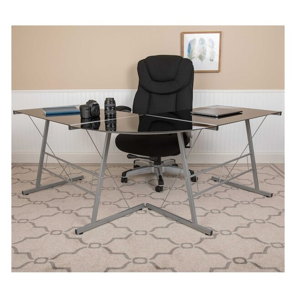 Flash Furniture Black Glass L-Shape Corner Computer Desk NAN-CD-22181-BK-GG