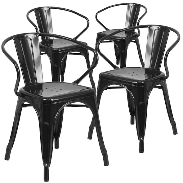 Flash Furniture Black Metal Indoor-Outdoor Chair with Arms,PK4 4-CH-31270-BK-GG