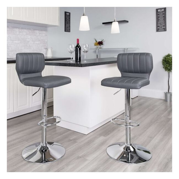 Gray Vinyl Adjust Height Barstool,Vertical Stitch Back,Chrome Base,PK2