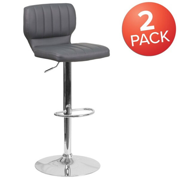 Gray Vinyl Adjust Height Barstool,Vertical Stitch Back,Chrome Base,PK2  2-CH-132330-GY-GG