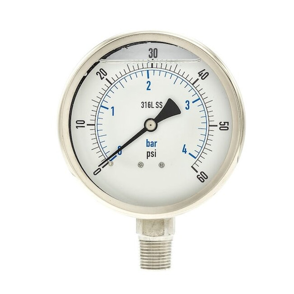 Industrial Pressure Gauge, 0 to 60 psi, 4 in Dial, 1/2 in NPT, Bottom Location