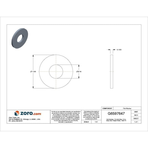 Flat Washer, For Screw Size 1-2" ,Steel Zinc Plated Finish, 1300 PK  FWUIS0500-1300P