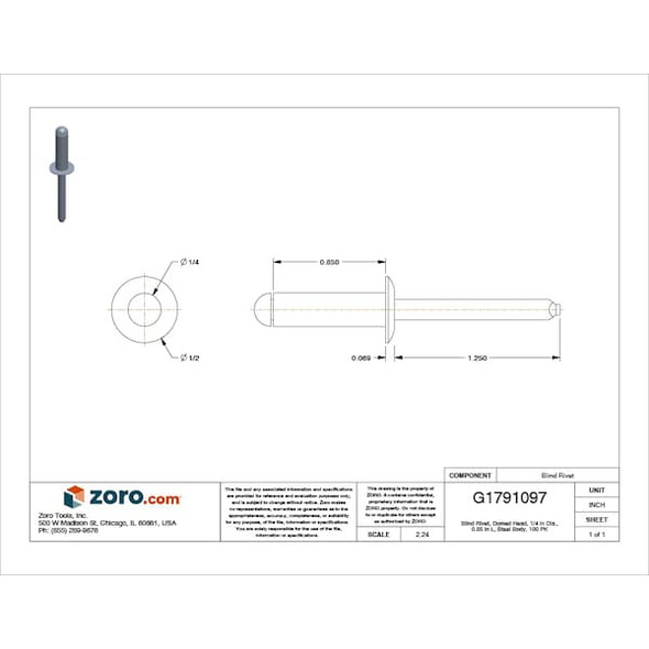 Blind Rivet, Dome Head, 1/4 in Dia., 27/32 in L, Steel Body, 100 PK
