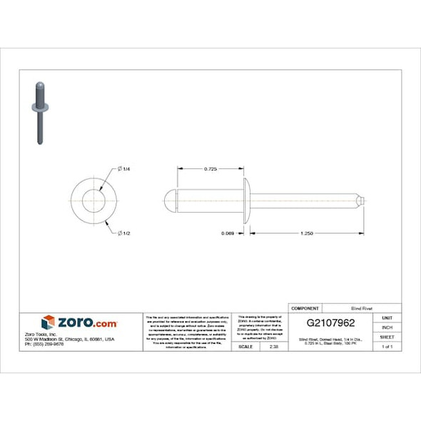 Stanley Engineered Fastening Blind Rivet,1/4 Dia,0.725 L,PK100 SD88BS203 Stanley Engineered Fastening Blind Rivet,1/4 Dia,0.725 L,PK100 SD88BS203